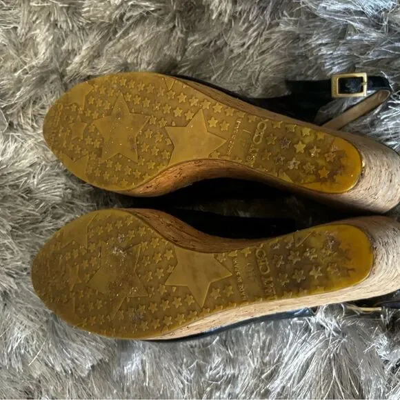 JIMMY CHOO cork wedge slingback sandals classic black dress shoes open toe y2k - Picture 5 of 7